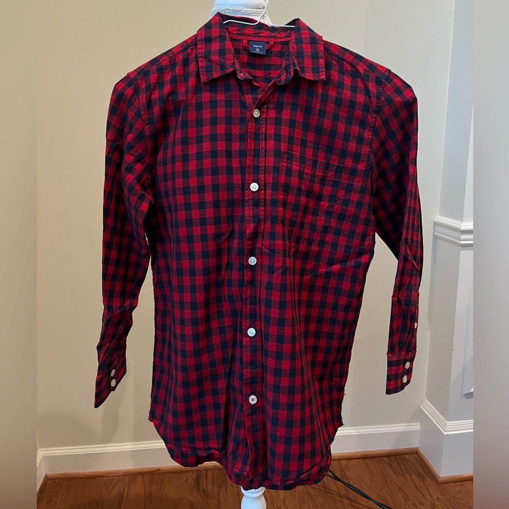 Gap Kids Boys Red & Black Plaid Long Sleeve Button Up- XL/12